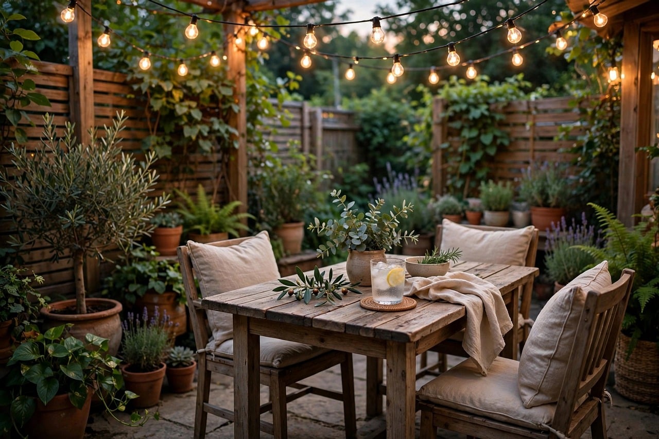 Garden tables and chairs under string lights in the evening